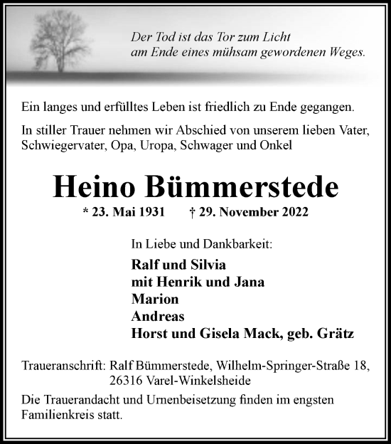 Traueranzeige von Heino Bümmerstede von Nordwest-Zeitung