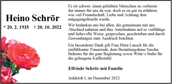 Traueranzeige von Heino Schrör von Nordwest-Zeitung