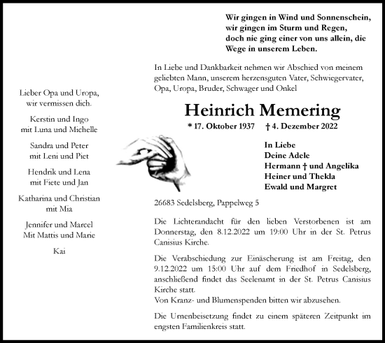 Traueranzeige von Heinrich Memering von Nordwest-Zeitung