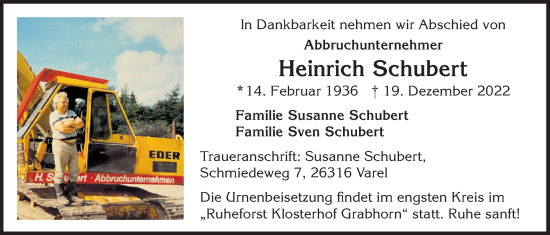 Traueranzeige von Heinrich Schubert von Nordwest-Zeitung