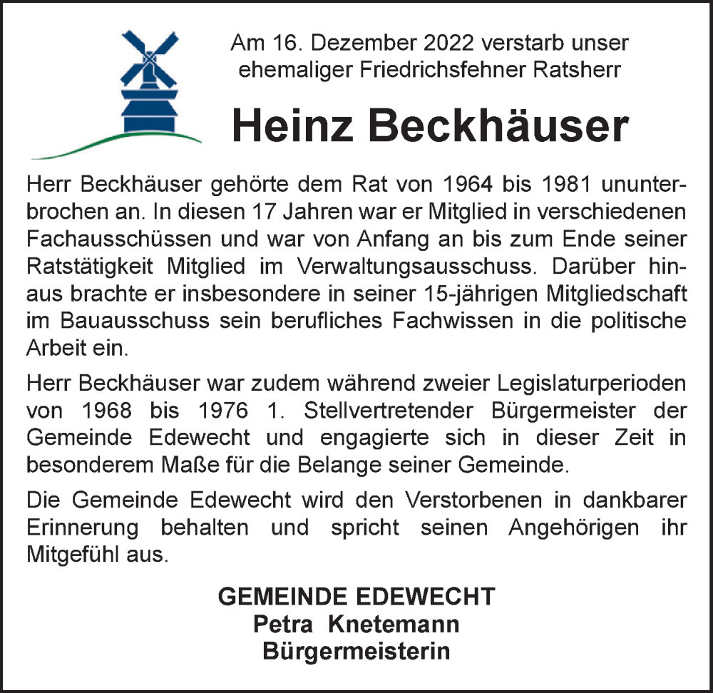  Traueranzeige für Heinz Beckhäuser vom 24.12.2022 aus Nordwest-Zeitung