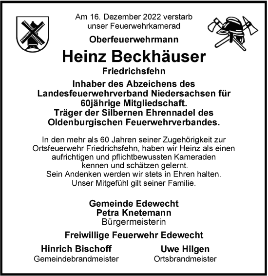 Traueranzeige von Heinz Beckhäuser von Nordwest-Zeitung