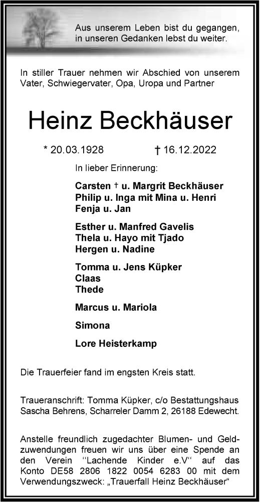 Traueranzeige von Heinz Beckhäuser von Nordwest-Zeitung