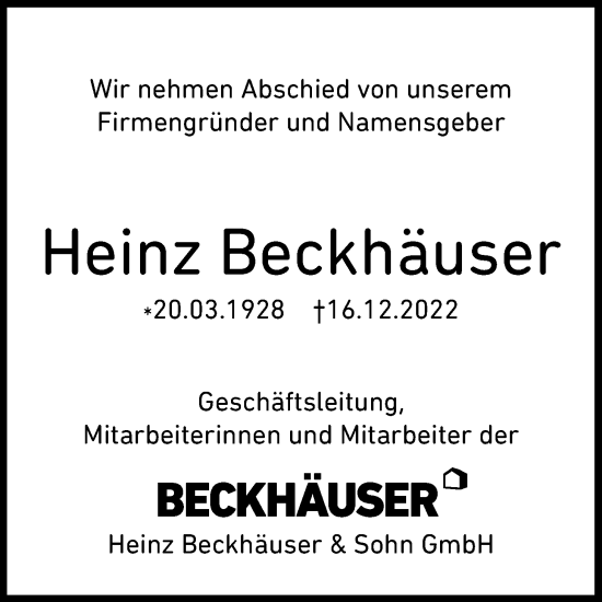 Traueranzeige von Heinz Beckhäuser von Nordwest-Zeitung