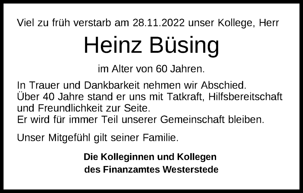  Traueranzeige für Heinz Büsing vom 02.12.2022 aus Nordwest-Zeitung