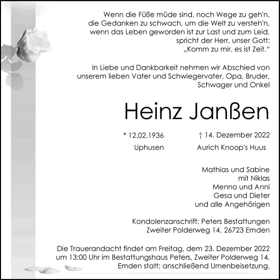 Traueranzeige von Heinz Janßen von Emder Zeitung