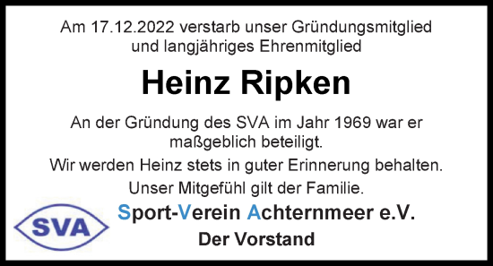 Traueranzeige von Heinz Ripken von Nordwest-Zeitung