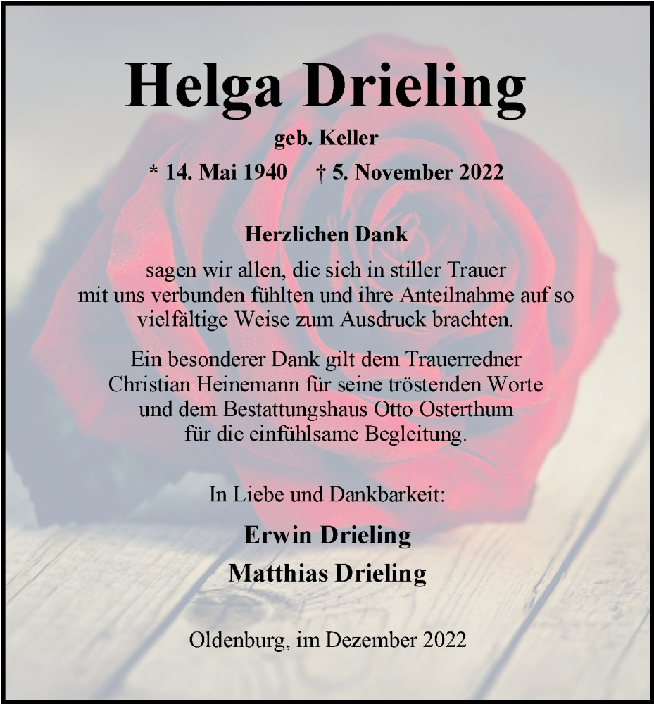  Traueranzeige für Helga Drieling vom 03.12.2022 aus Nordwest-Zeitung