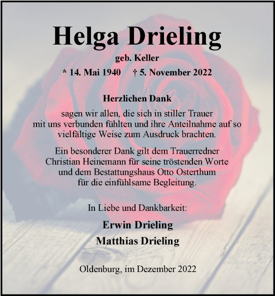 Traueranzeige von Helga Drieling von Nordwest-Zeitung