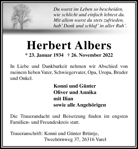 Traueranzeige von Herbert Albers von Nordwest-Zeitung