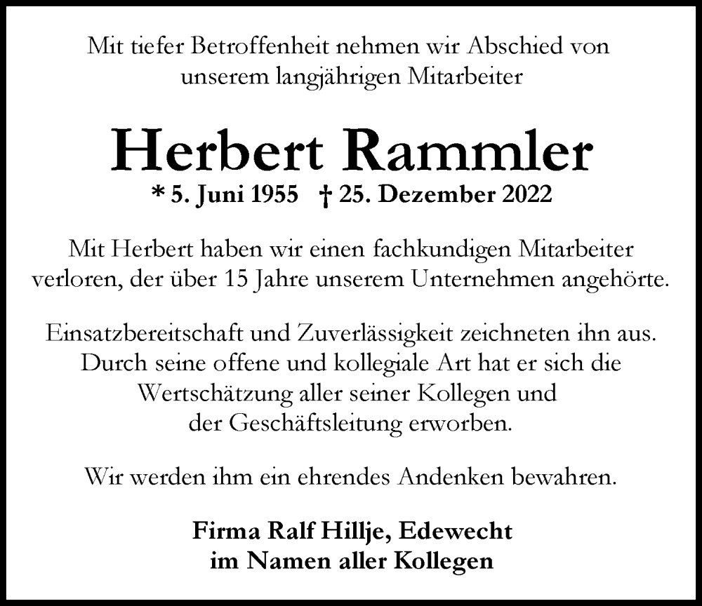  Traueranzeige für Herbert Rammler vom 31.12.2022 aus Nordwest-Zeitung