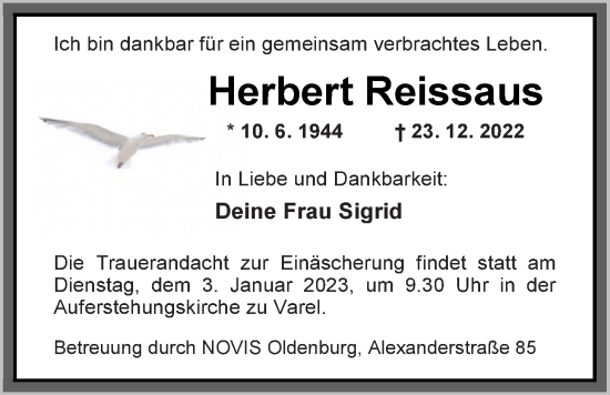 Traueranzeige von Herbert Reissaus von Nordwest-Zeitung
