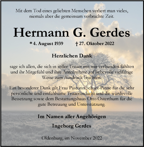 Traueranzeige von Hermann G. Gerdes von Nordwest-Zeitung