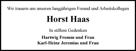 Traueranzeige von Horst Haas von Nordwest-Zeitung