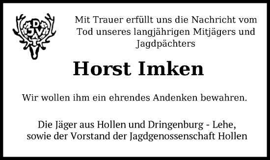Traueranzeige von Horst Imken von Nordwest-Zeitung