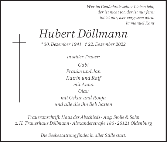 Traueranzeige von Hubert Döllmann von Nordwest-Zeitung
