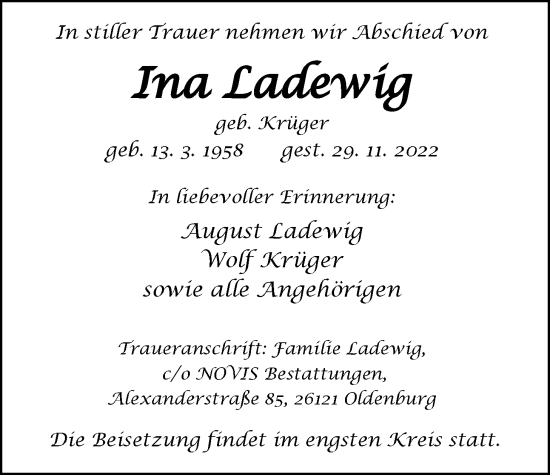 Traueranzeige von Ina Ladewig von Nordwest-Zeitung