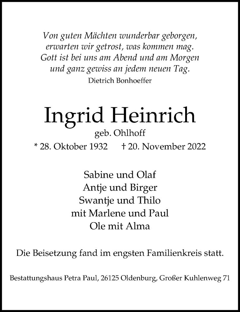  Traueranzeige für Ingrid Heinrich vom 10.12.2022 aus Nordwest-Zeitung
