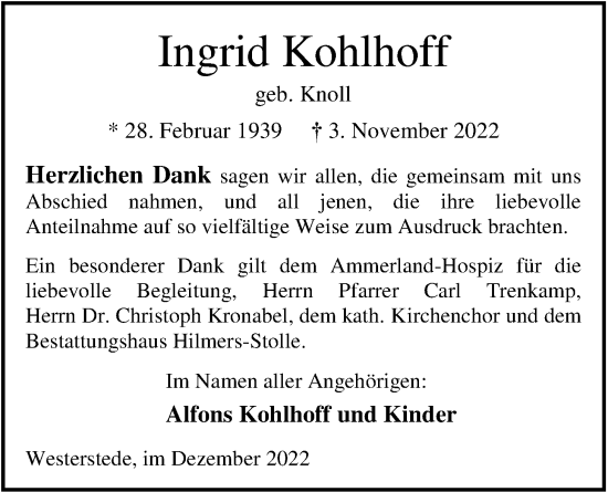 Traueranzeige von Ingrid Kohlhoff von Nordwest-Zeitung