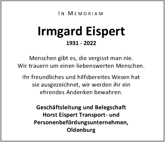 Traueranzeige von Irmgard Eispert von Nordwest-Zeitung