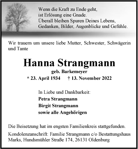 Traueranzeige von Johanna Strangmann von Nordwest-Zeitung