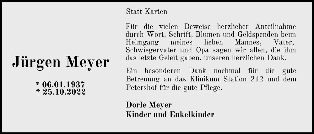 Traueranzeige für Jürgen Meyer vom 10.12.2022 aus Nordwest-Zeitung