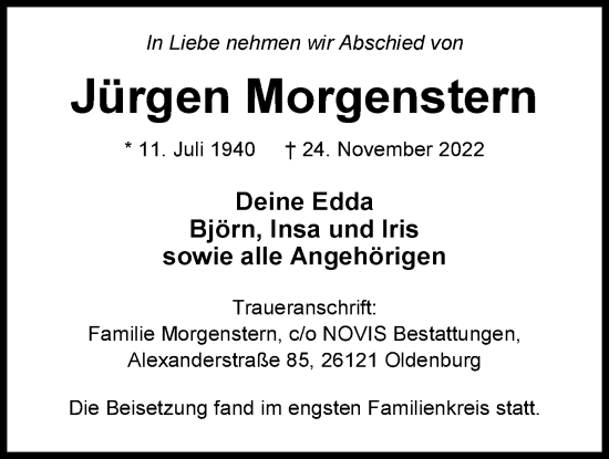 Traueranzeige von Jürgen Morgenstern von Nordwest-Zeitung