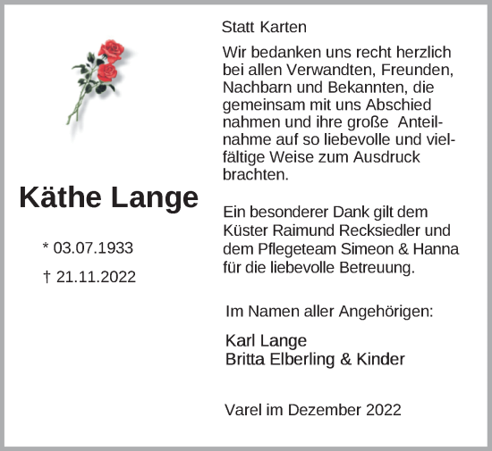 Traueranzeige von Käthe Lange von Nordwest-Zeitung