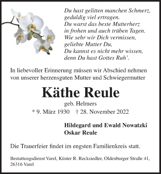 Traueranzeige von Käthe Reule von Nordwest-Zeitung