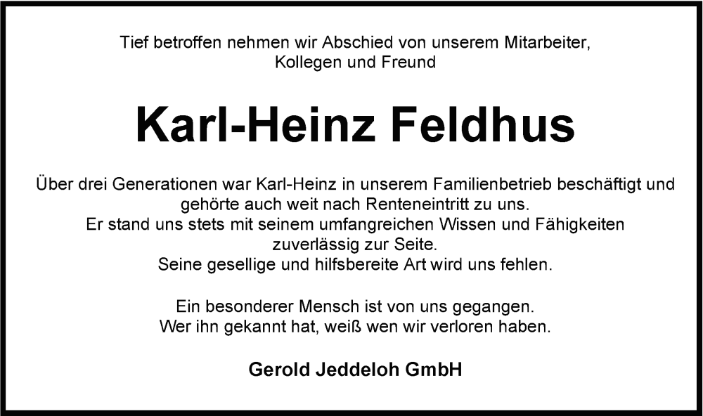  Traueranzeige für Karl-Heinz Feldhus vom 31.12.2022 aus Nordwest-Zeitung