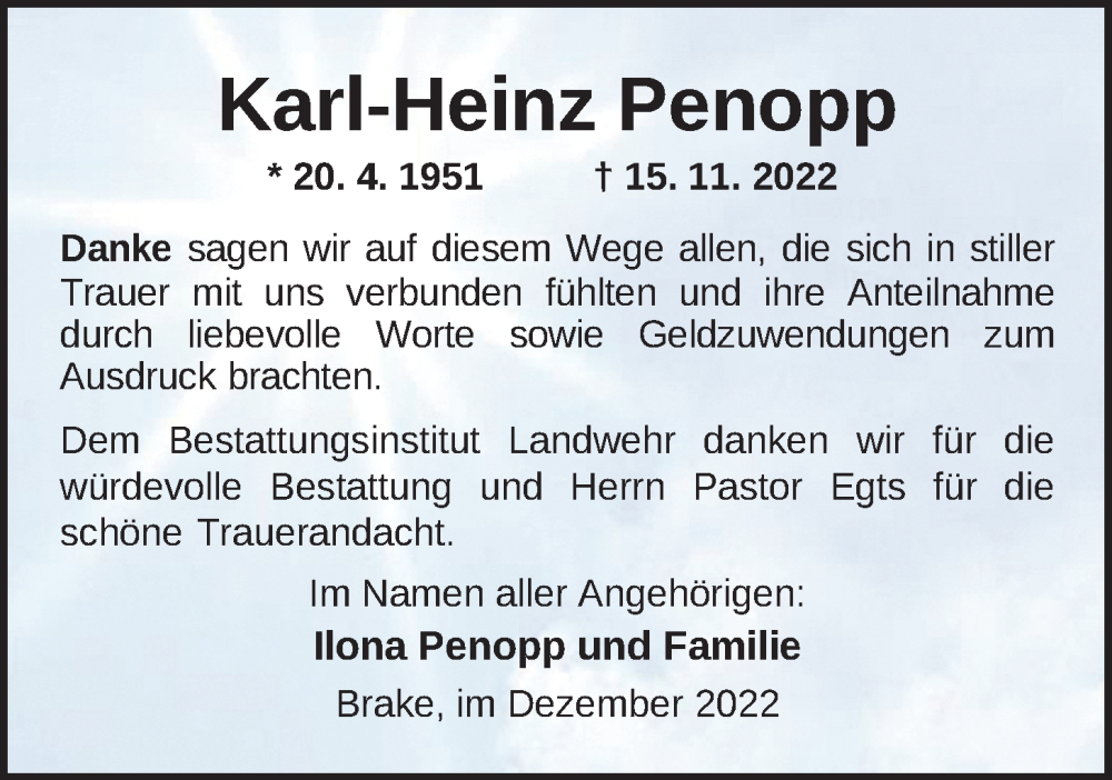  Traueranzeige für Karl-Heinz Penopp vom 17.12.2022 aus Nordwest-Zeitung