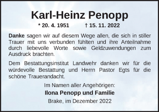 Traueranzeige von Karl-Heinz Penopp von Nordwest-Zeitung