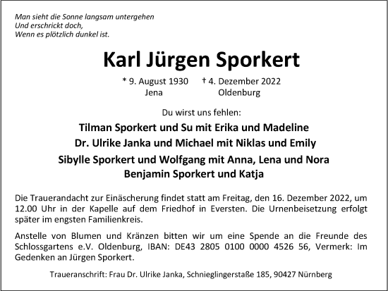 Traueranzeige von Karl Jürgen Sporkert von Nordwest-Zeitung