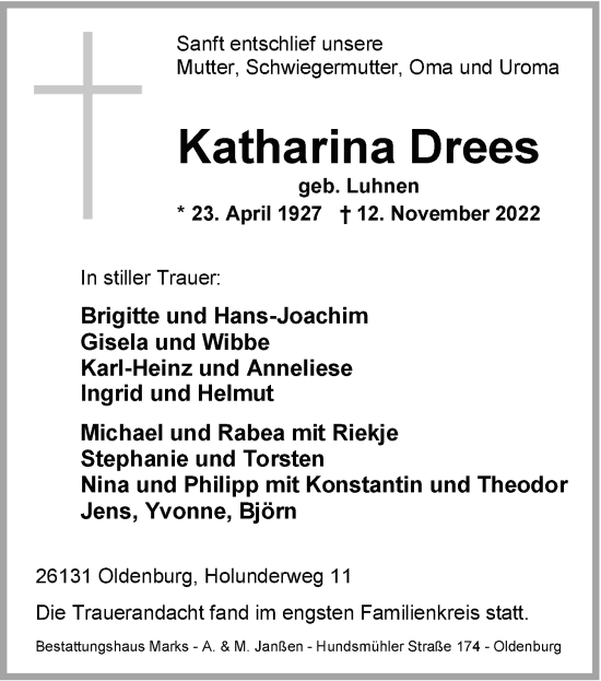 Traueranzeige von Katharina Drees von Nordwest-Zeitung