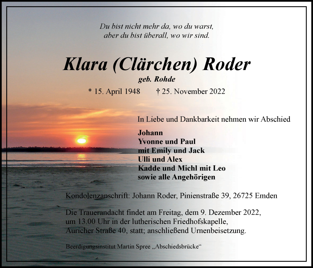  Traueranzeige für Klara Roder vom 03.12.2022 aus Emder Zeitung