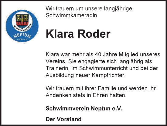 Traueranzeige von Klara Roder von Emder Zeitung
