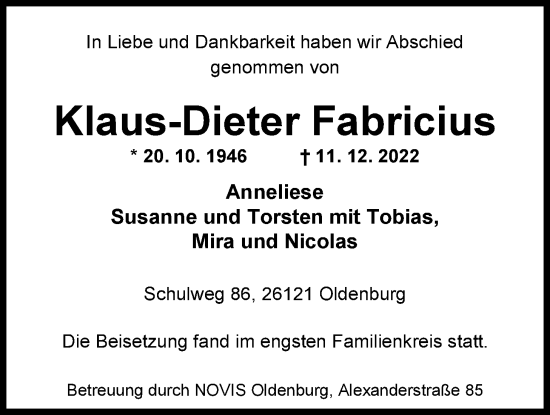 Traueranzeige von Klaus-Dieter Fabricius von Nordwest-Zeitung