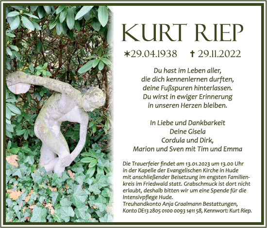 Traueranzeige von Kurt Riep von Nordwest-Zeitung