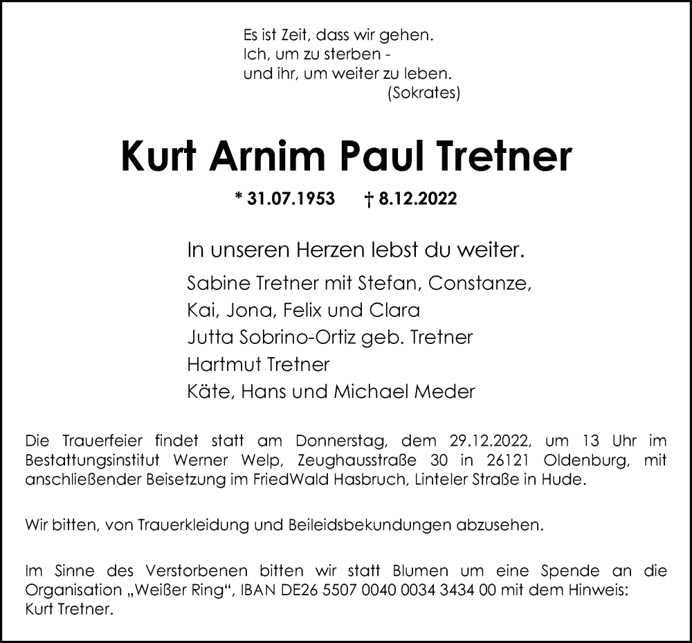  Traueranzeige für Kurt Arnim Paul Tretner vom 17.12.2022 aus Nordwest-Zeitung
