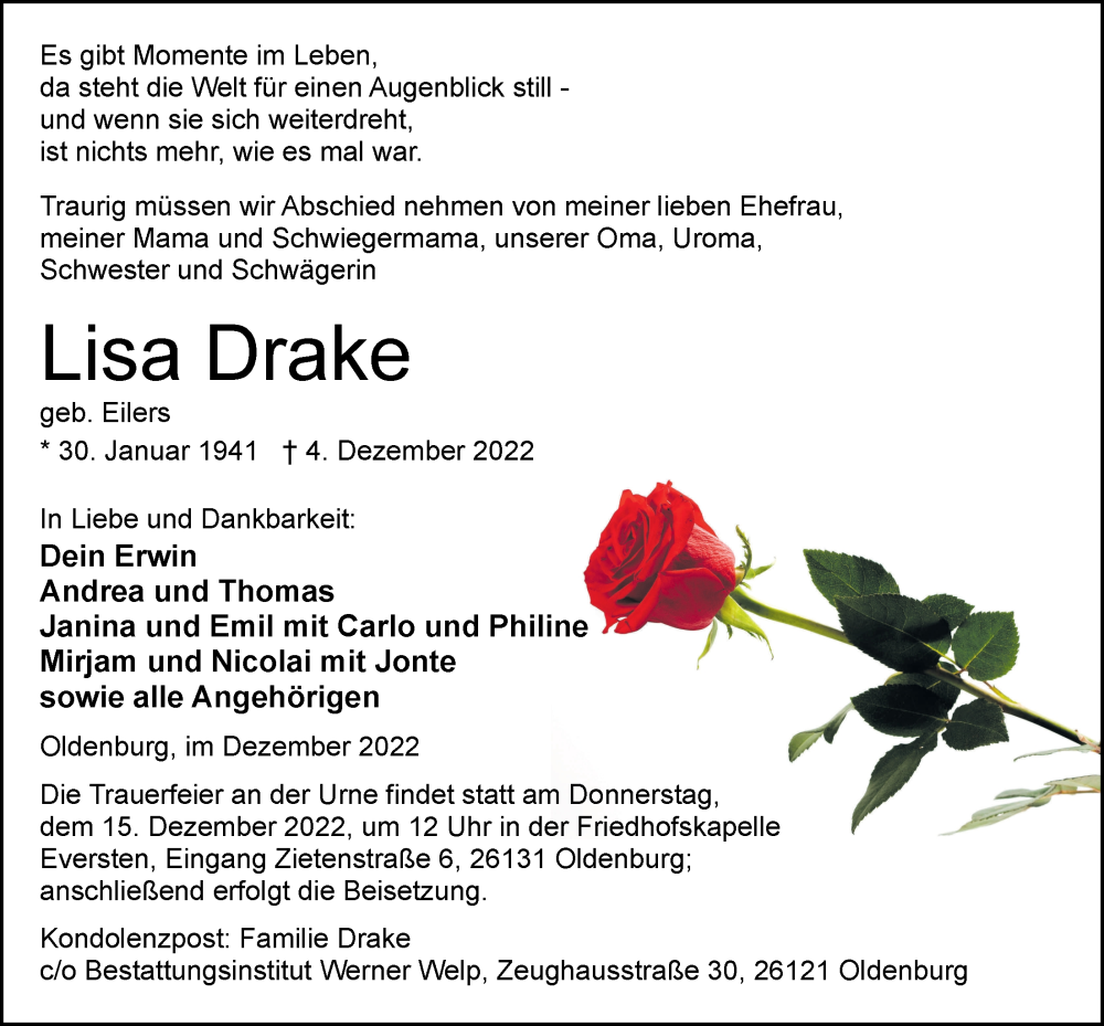  Traueranzeige für Lisa Drake vom 13.12.2022 aus Nordwest-Zeitung