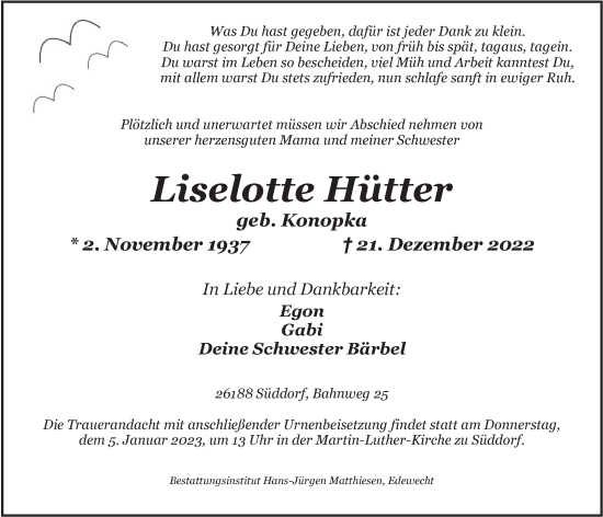 Traueranzeige von Liselotte Hütter von Nordwest-Zeitung