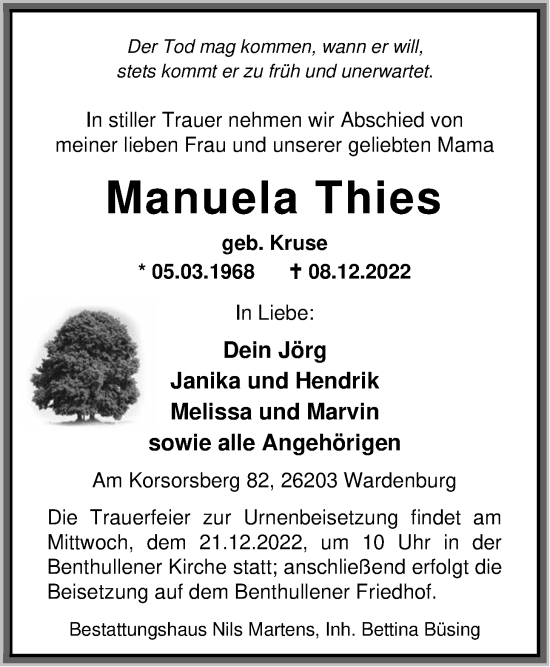 Traueranzeige von Manuela Thies von Nordwest-Zeitung