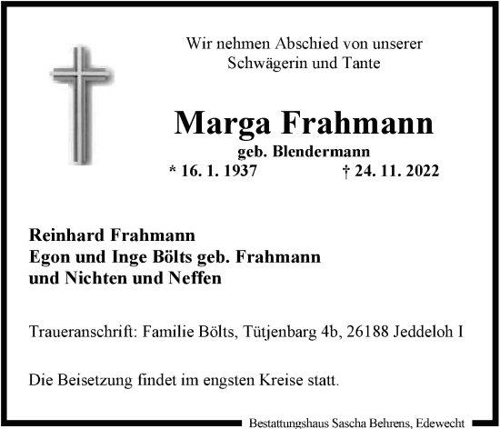 Traueranzeige von Marga Frahmann von Nordwest-Zeitung
