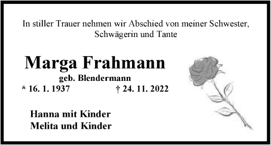 Traueranzeige von Marga Frahmann von Nordwest-Zeitung