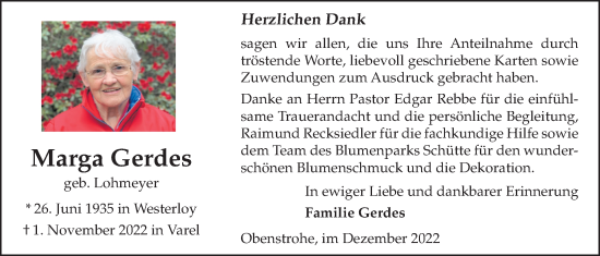 Traueranzeige von Marga Gerdes von Nordwest-Zeitung