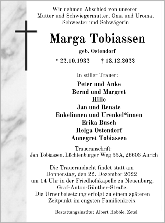 Traueranzeige von Marga Tobiassen von Nordwest-Zeitung