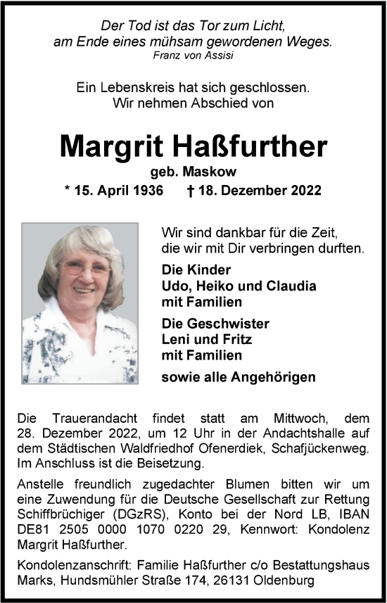Traueranzeige von Margrit Haßfurther von Nordwest-Zeitung
