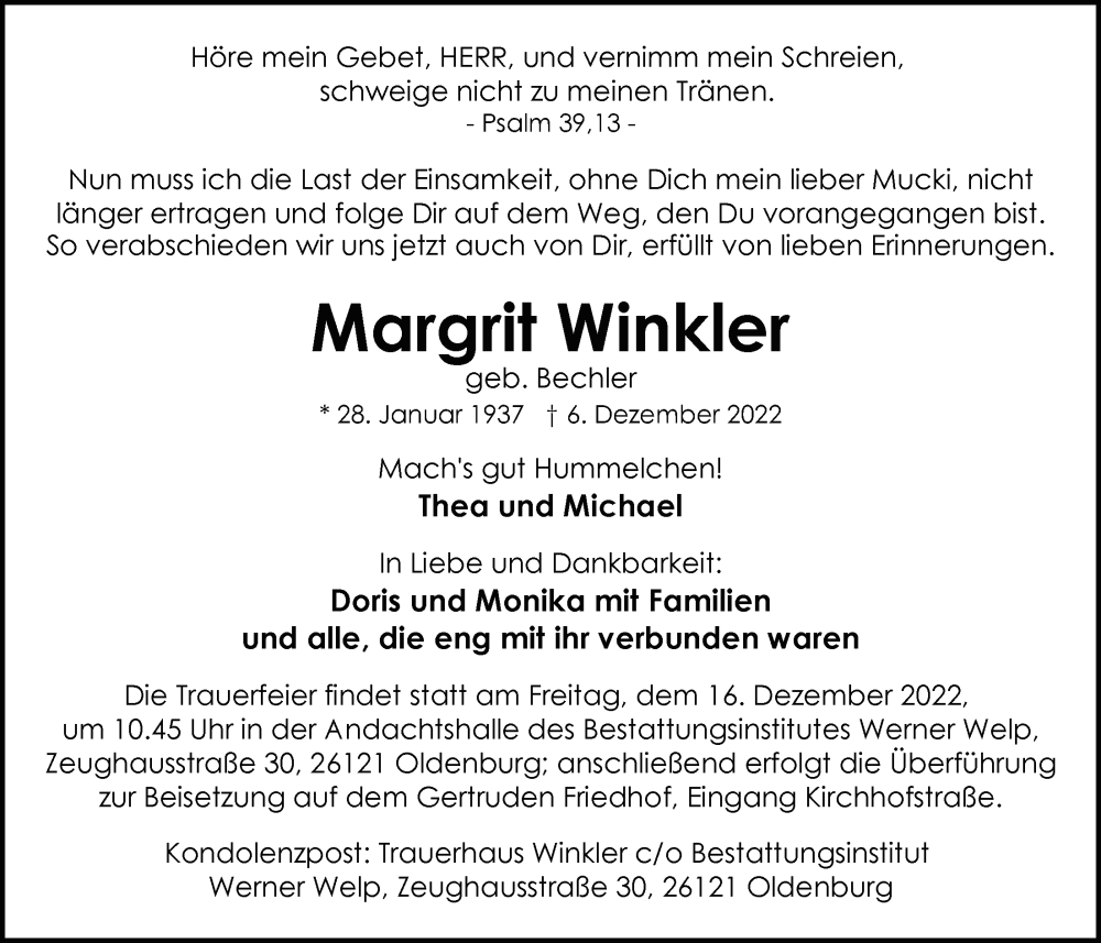  Traueranzeige für Margrit Winkler vom 13.12.2022 aus Nordwest-Zeitung