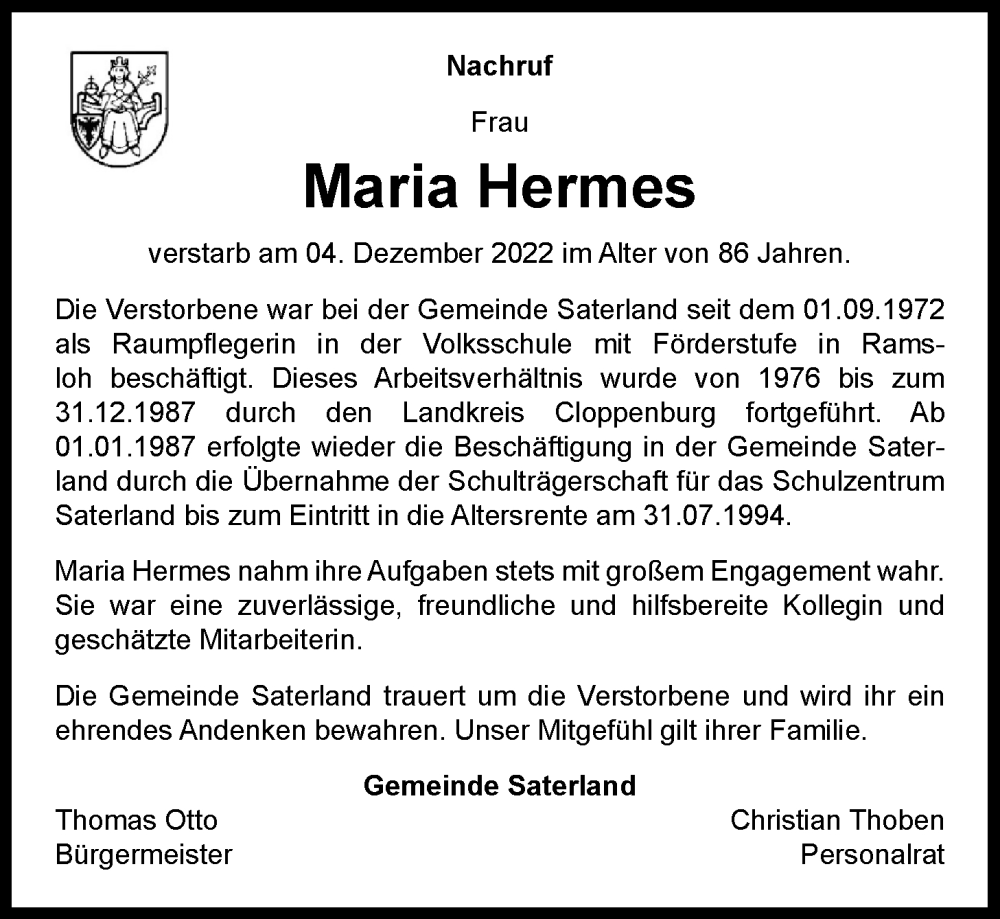  Traueranzeige für Maria Hermes vom 15.12.2022 aus Nordwest-Zeitung