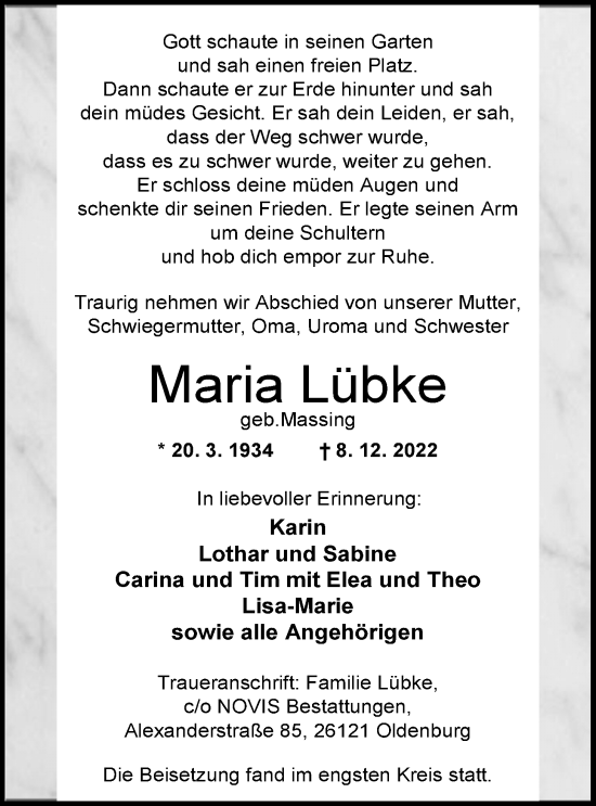 Traueranzeige von Maria Lübke von Nordwest-Zeitung